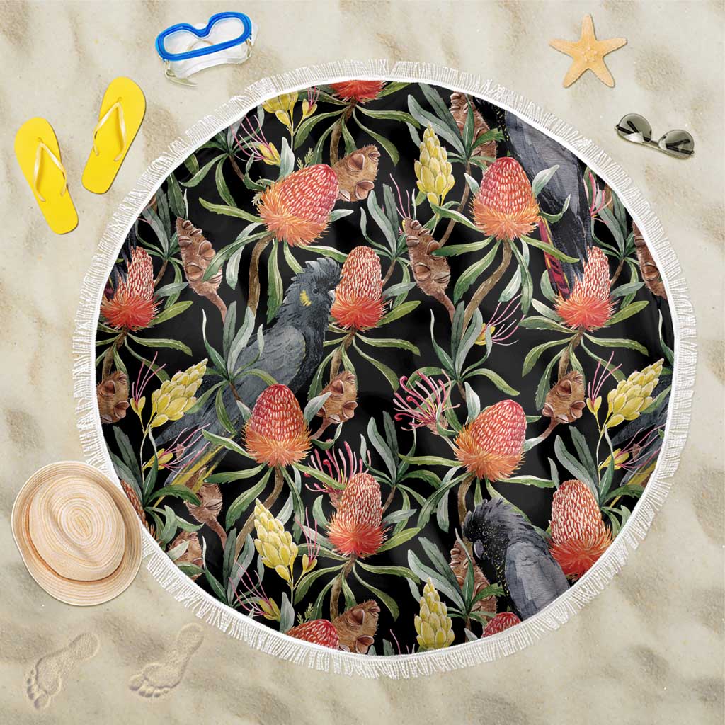 Australia Black Cockatoo And Banksia Flowers Beach Blanket