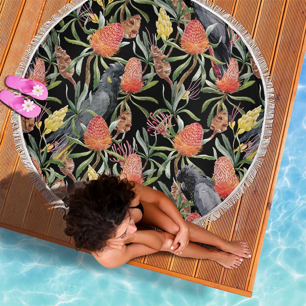 Australia Black Cockatoo And Banksia Flowers Beach Blanket