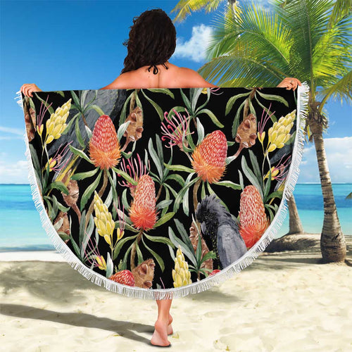 Australia Black Cockatoo And Banksia Flowers Beach Blanket
