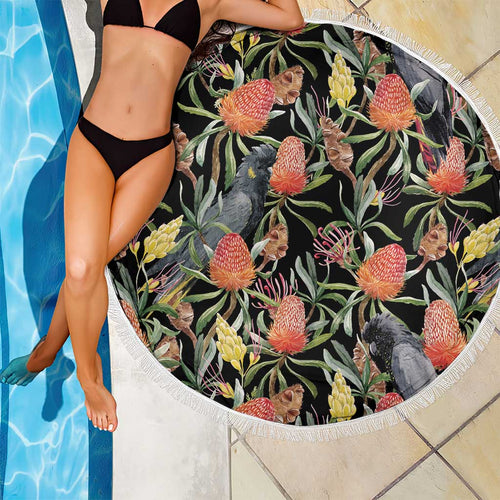 Australia Black Cockatoo And Banksia Flowers Beach Blanket