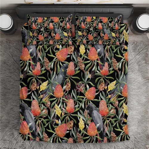 Australia Black Cockatoo And Banksia Flowers Bedding Set
