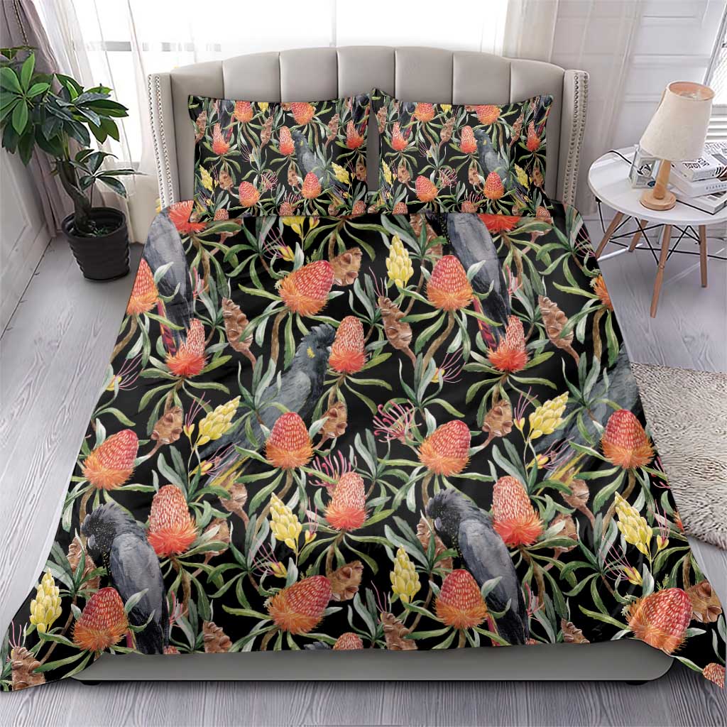 Australia Black Cockatoo And Banksia Flowers Bedding Set