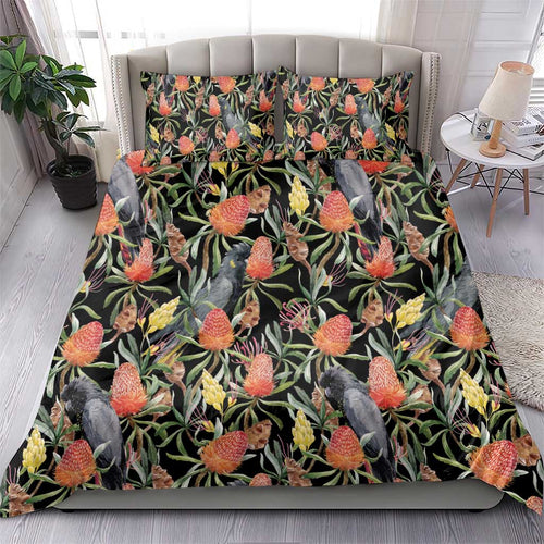 Australia Black Cockatoo And Banksia Flowers Bedding Set