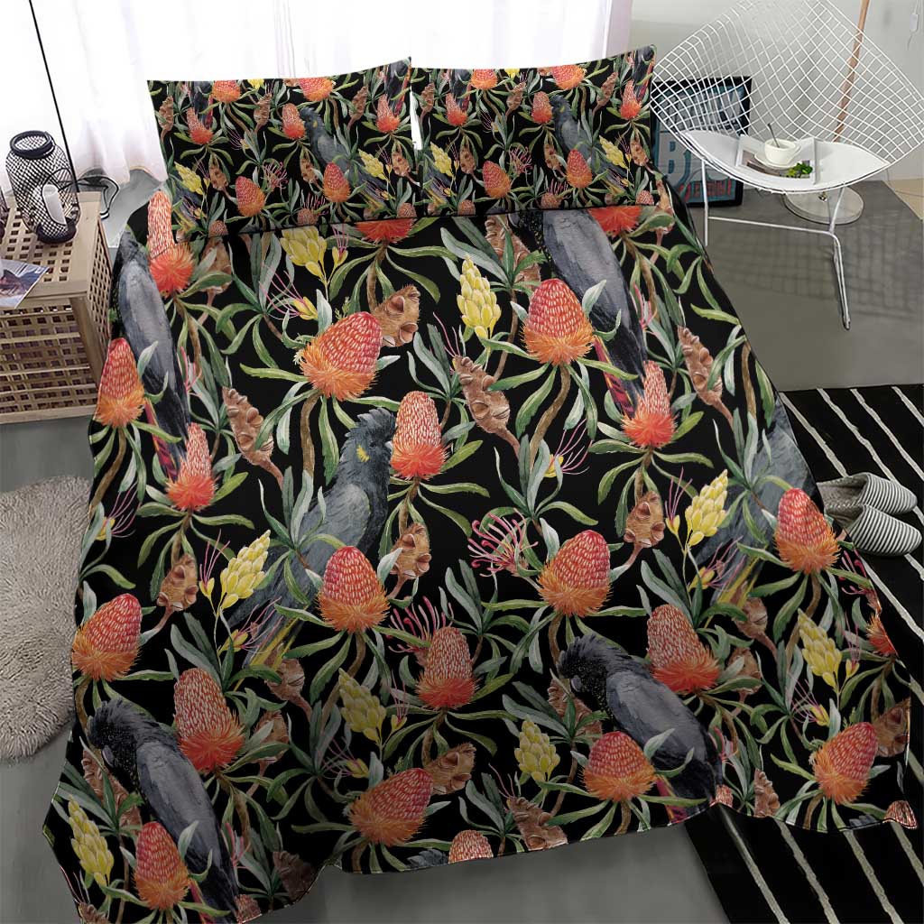 Australia Black Cockatoo And Banksia Flowers Bedding Set