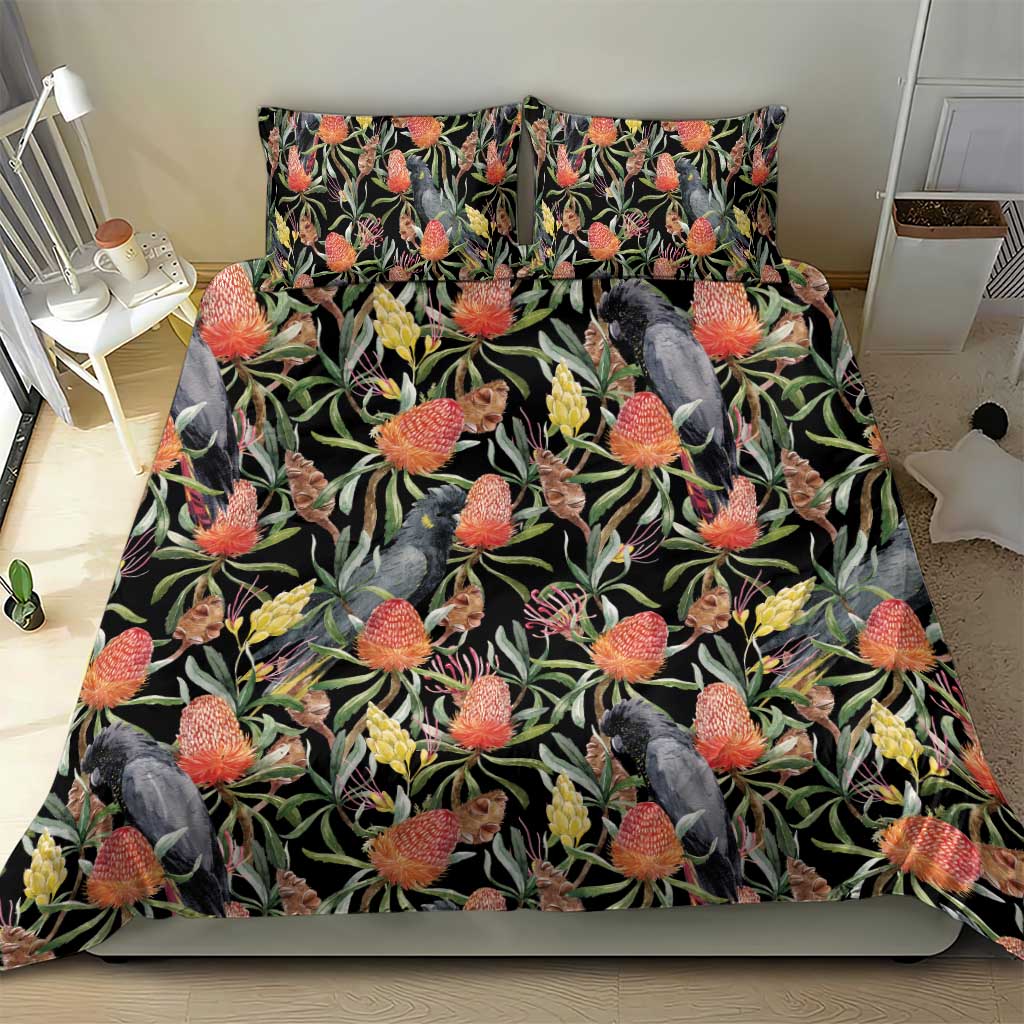 Australia Black Cockatoo And Banksia Flowers Bedding Set