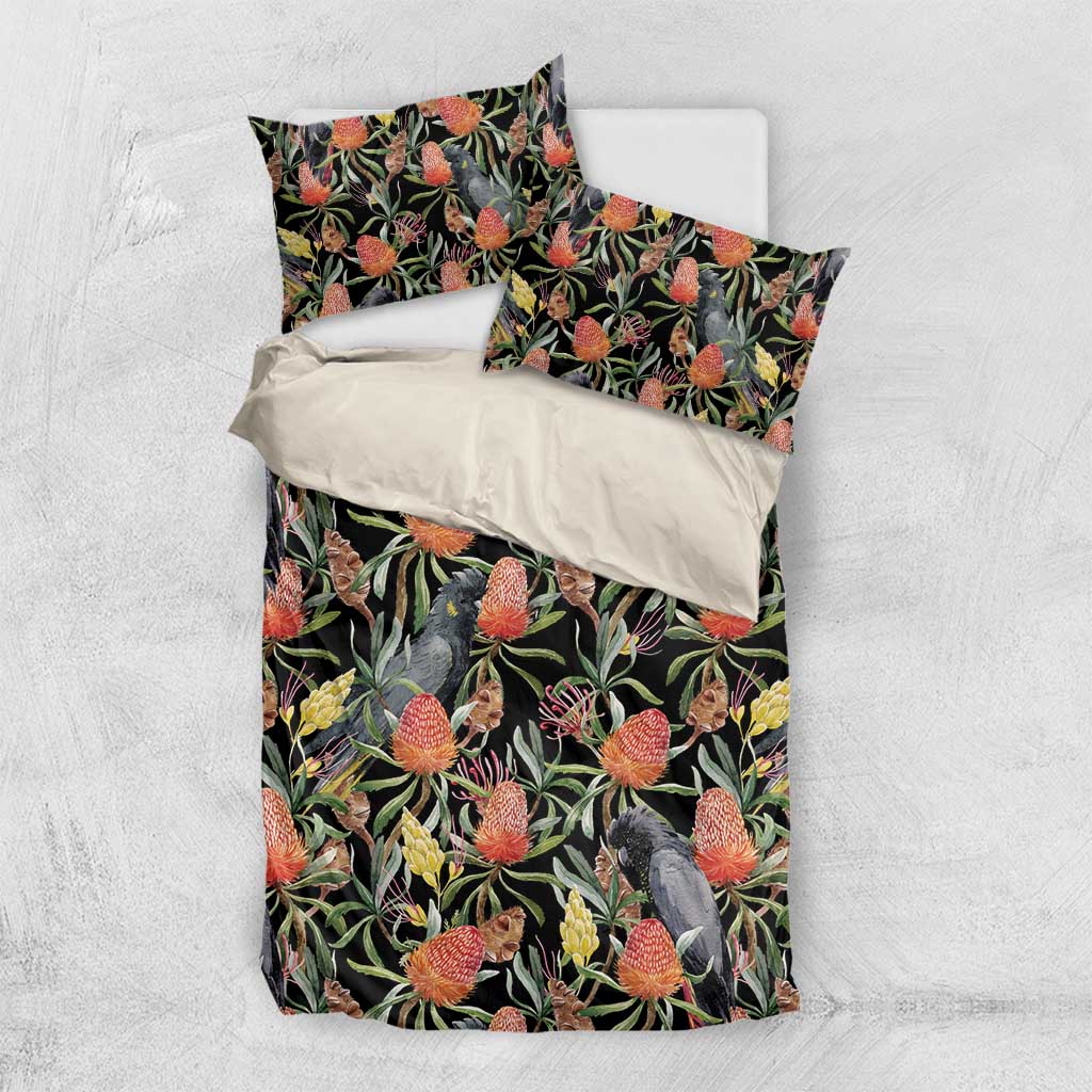Australia Black Cockatoo And Banksia Flowers Bedding Set
