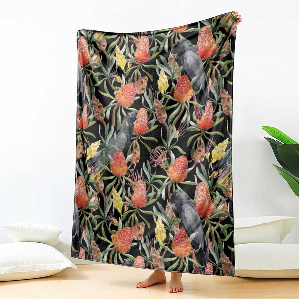 Australia Black Cockatoo And Banksia Flowers Blanket