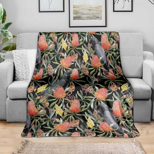 Australia Black Cockatoo And Banksia Flowers Blanket