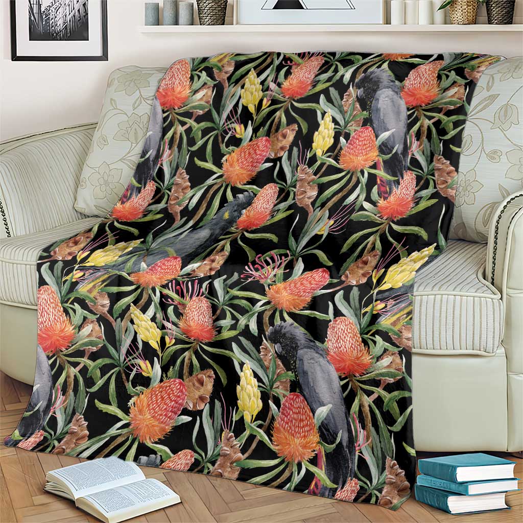 Australia Black Cockatoo And Banksia Flowers Blanket