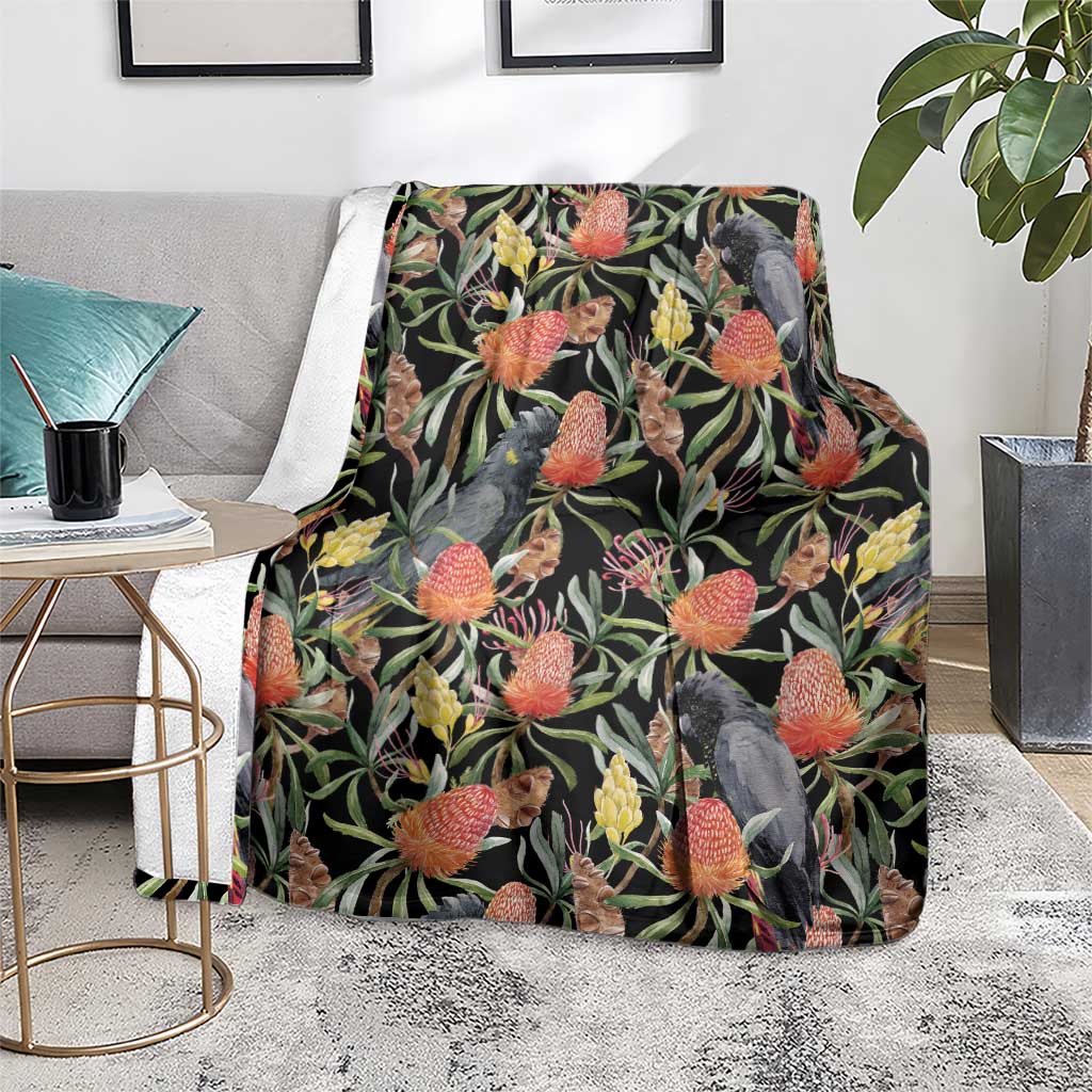 Australia Black Cockatoo And Banksia Flowers Blanket