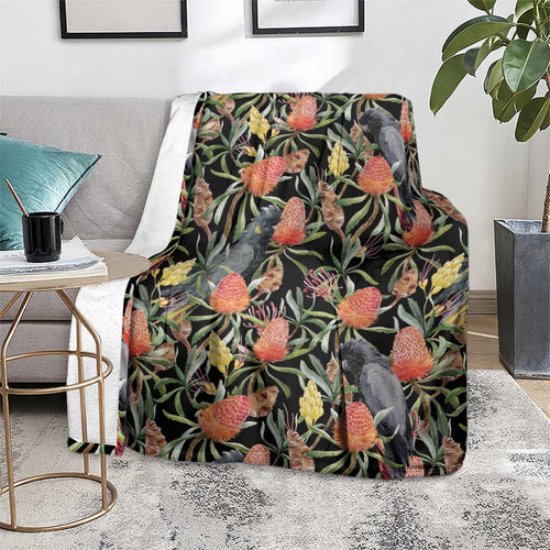 Australia Black Cockatoo And Banksia Flowers Blanket