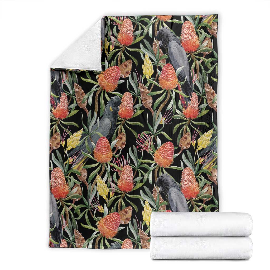 Australia Black Cockatoo And Banksia Flowers Blanket