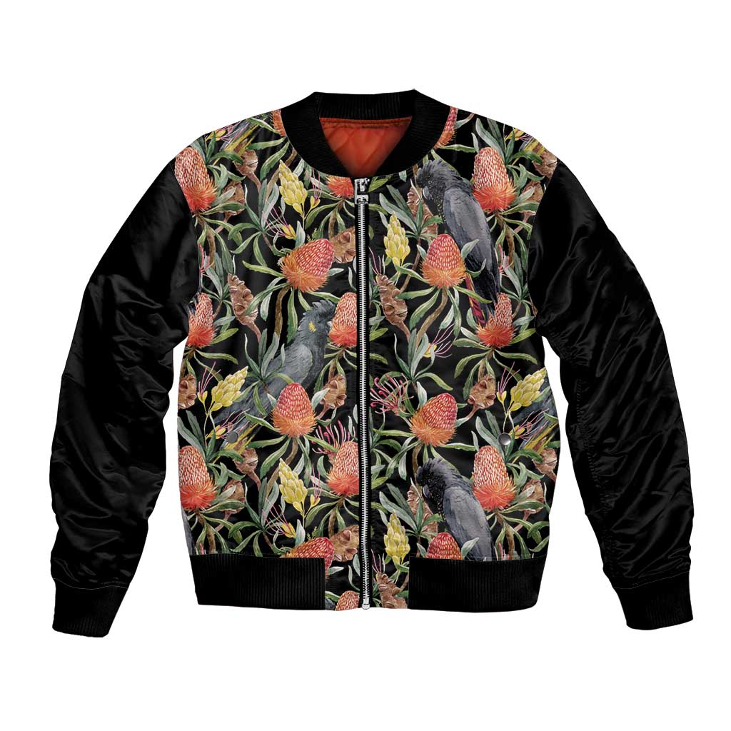 Australia Black Cockatoo And Banksia Flowers Bomber Jacket