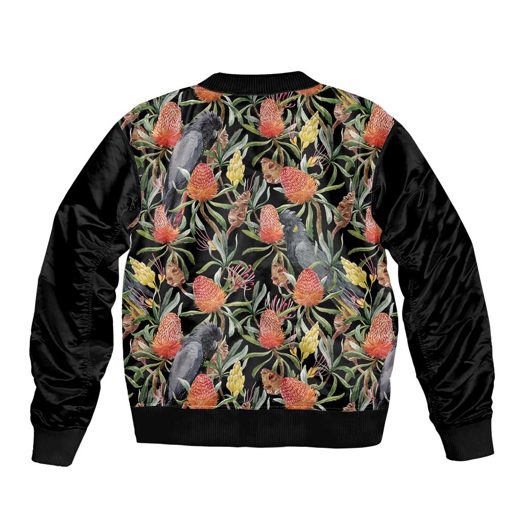 Australia Black Cockatoo And Banksia Flowers Bomber Jacket