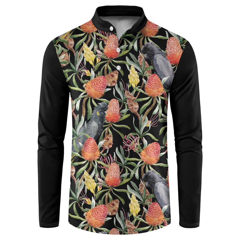 Australia Black Cockatoo And Banksia Flowers Button Sweatshirt