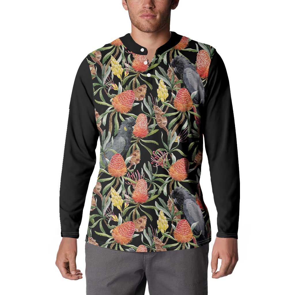 Australia Black Cockatoo And Banksia Flowers Button Sweatshirt