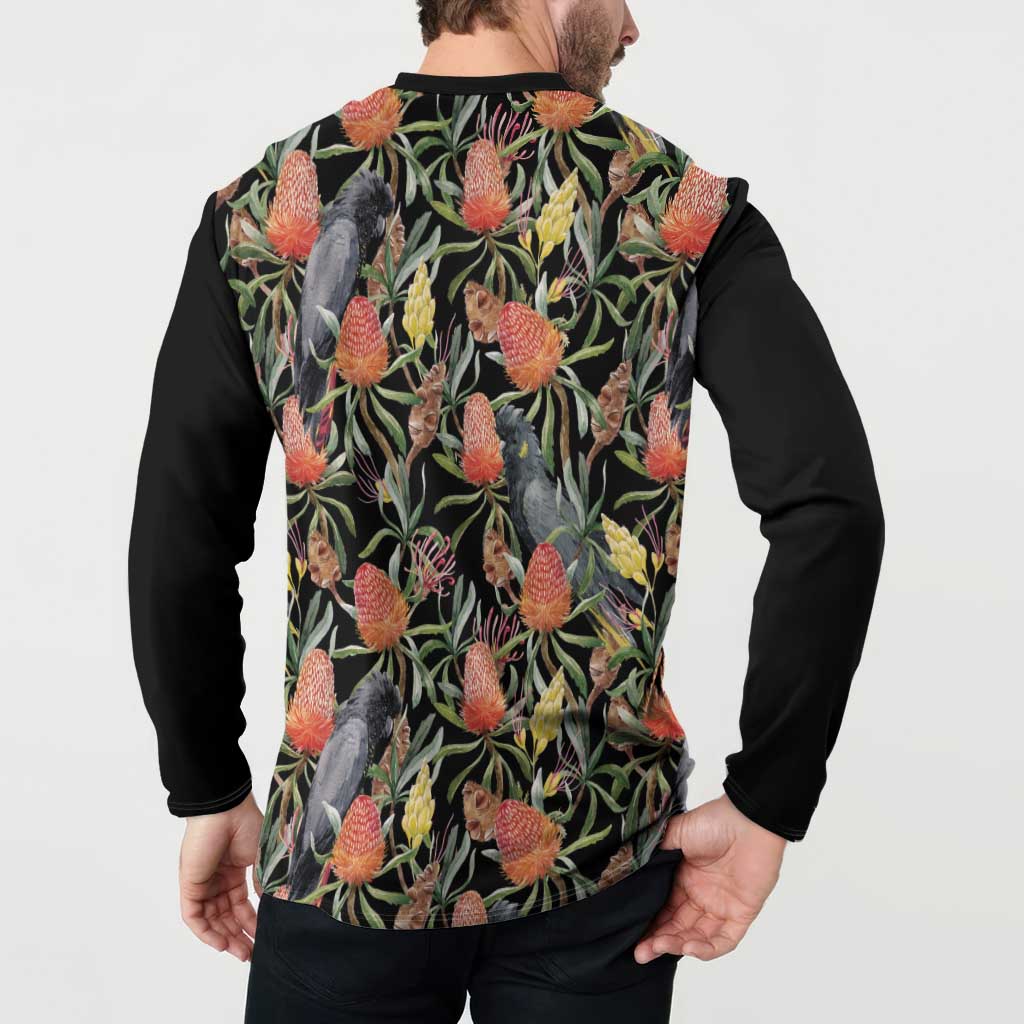 Australia Black Cockatoo And Banksia Flowers Button Sweatshirt