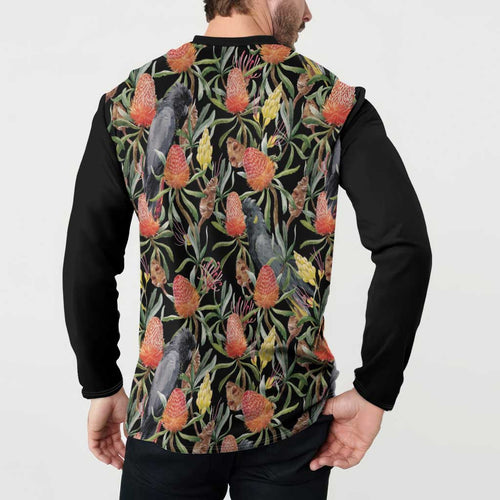 Australia Black Cockatoo And Banksia Flowers Button Sweatshirt