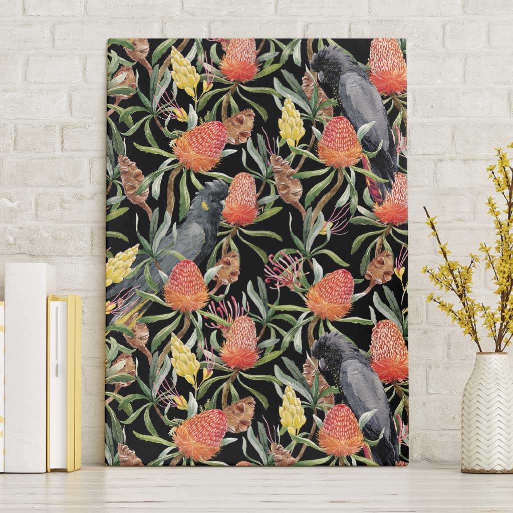 Australia Black Cockatoo And Banksia Flowers Canvas Wall Art