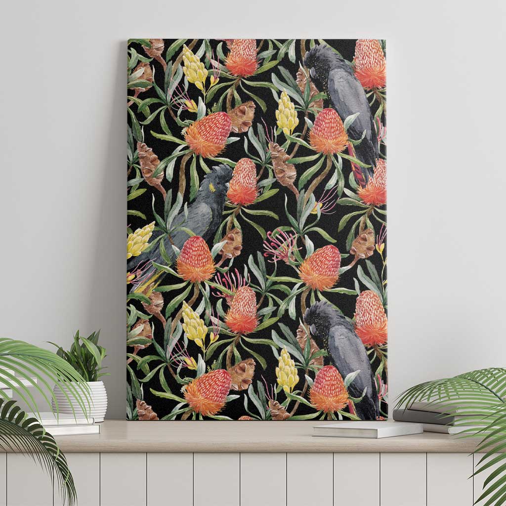 Australia Black Cockatoo And Banksia Flowers Canvas Wall Art