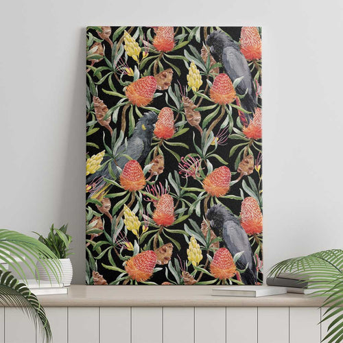 Australia Black Cockatoo And Banksia Flowers Canvas Wall Art