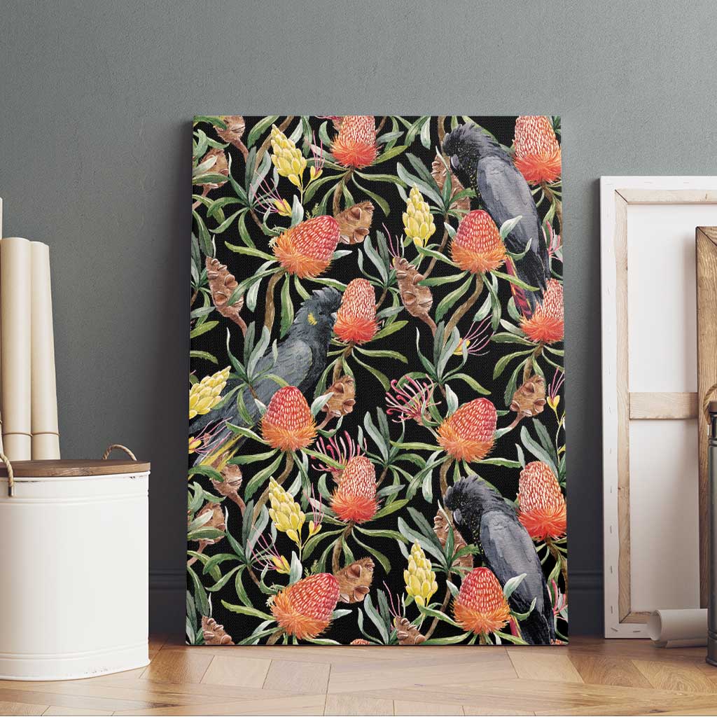 Australia Black Cockatoo And Banksia Flowers Canvas Wall Art