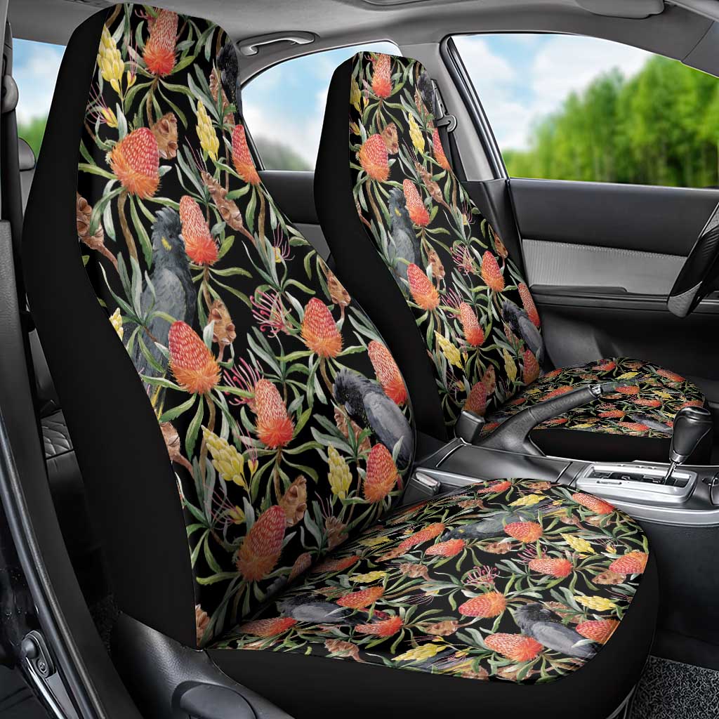 Australia Black Cockatoo And Banksia Flowers Car Seat Cover