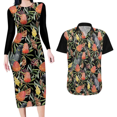 Australia Black Cockatoo And Banksia Flowers Couples Matching Long Sleeve Bodycon Dress and Hawaiian Shirt