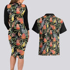 Australia Black Cockatoo And Banksia Flowers Couples Matching Long Sleeve Bodycon Dress and Hawaiian Shirt