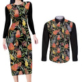 Australia Black Cockatoo And Banksia Flowers Couples Matching Long Sleeve Bodycon Dress and Long Sleeve Button Shirt