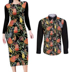 Australia Black Cockatoo And Banksia Flowers Couples Matching Long Sleeve Bodycon Dress and Long Sleeve Button Shirt