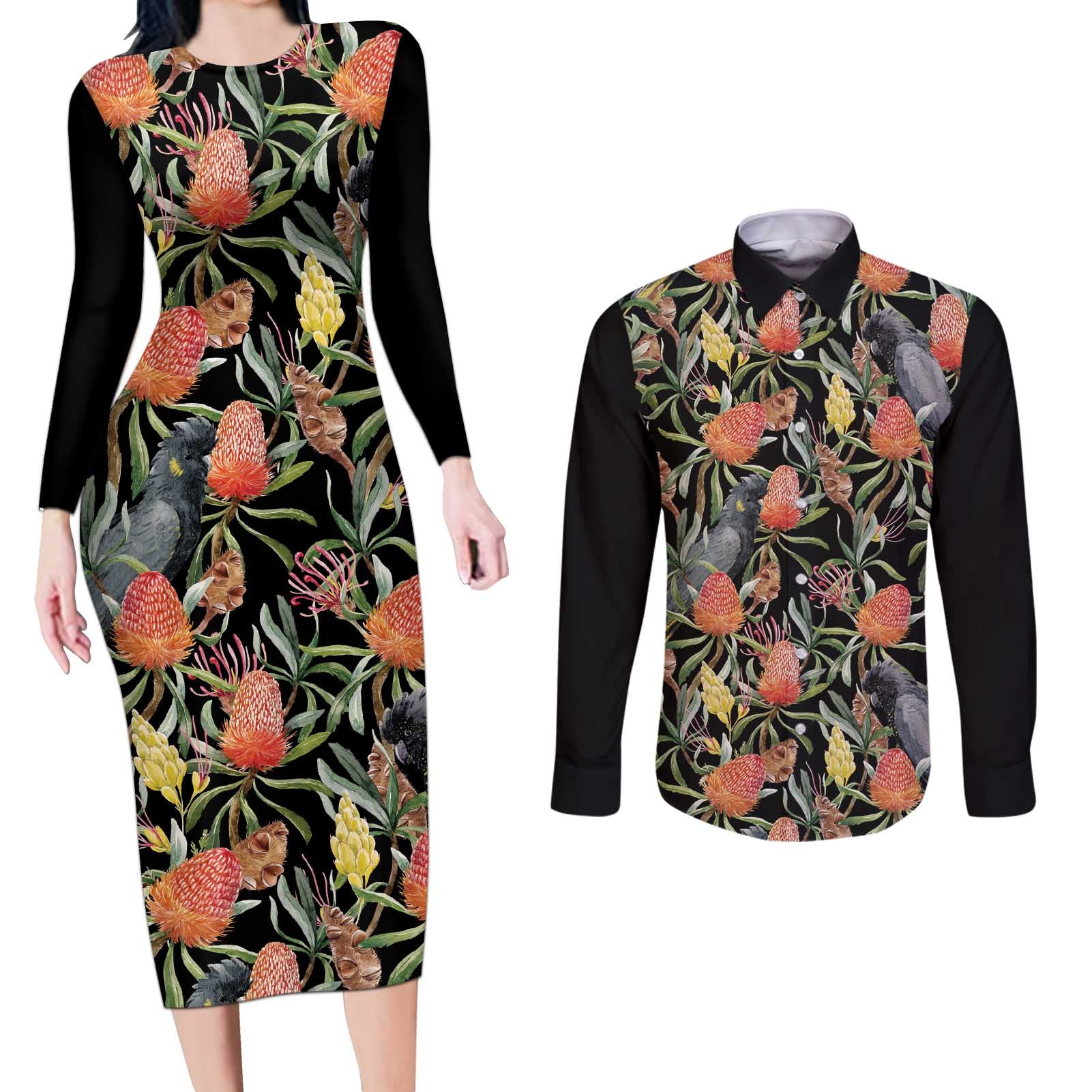 Australia Black Cockatoo And Banksia Flowers Couples Matching Long Sleeve Bodycon Dress and Long Sleeve Button Shirt