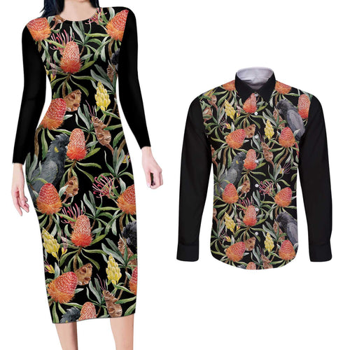 Australia Black Cockatoo And Banksia Flowers Couples Matching Long Sleeve Bodycon Dress and Long Sleeve Button Shirt