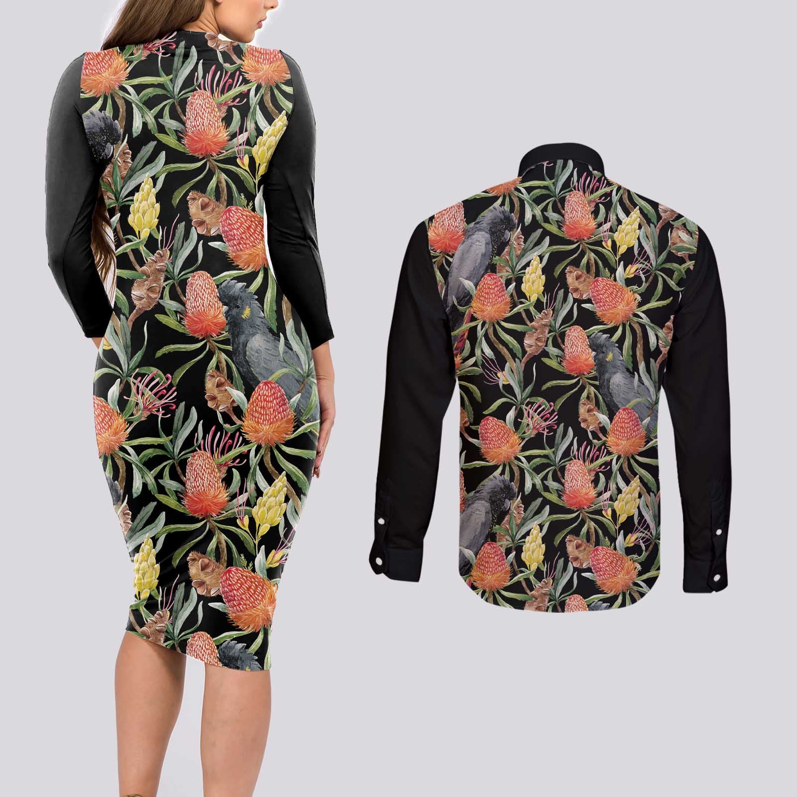 Australia Black Cockatoo And Banksia Flowers Couples Matching Long Sleeve Bodycon Dress and Long Sleeve Button Shirt
