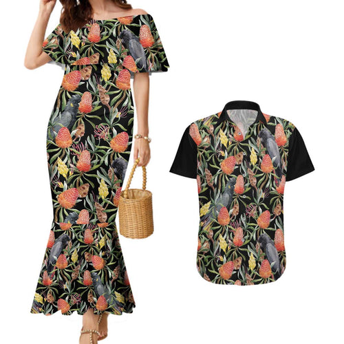 Australia Black Cockatoo And Banksia Flowers Couples Matching Mermaid Dress and Hawaiian Shirt