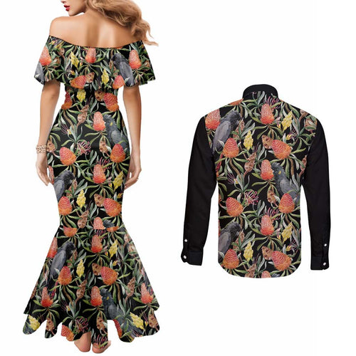 Australia Black Cockatoo And Banksia Flowers Couples Matching Mermaid Dress and Long Sleeve Button Shirt
