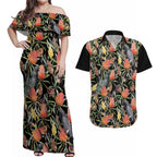 Australia Black Cockatoo And Banksia Flowers Couples Matching Off Shoulder Maxi Dress and Hawaiian Shirt