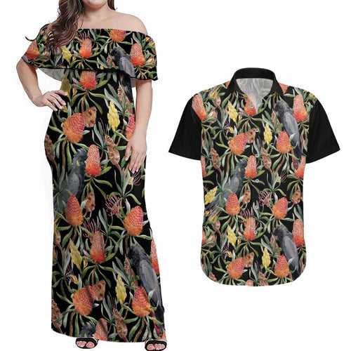 Australia Black Cockatoo And Banksia Flowers Couples Matching Off Shoulder Maxi Dress and Hawaiian Shirt