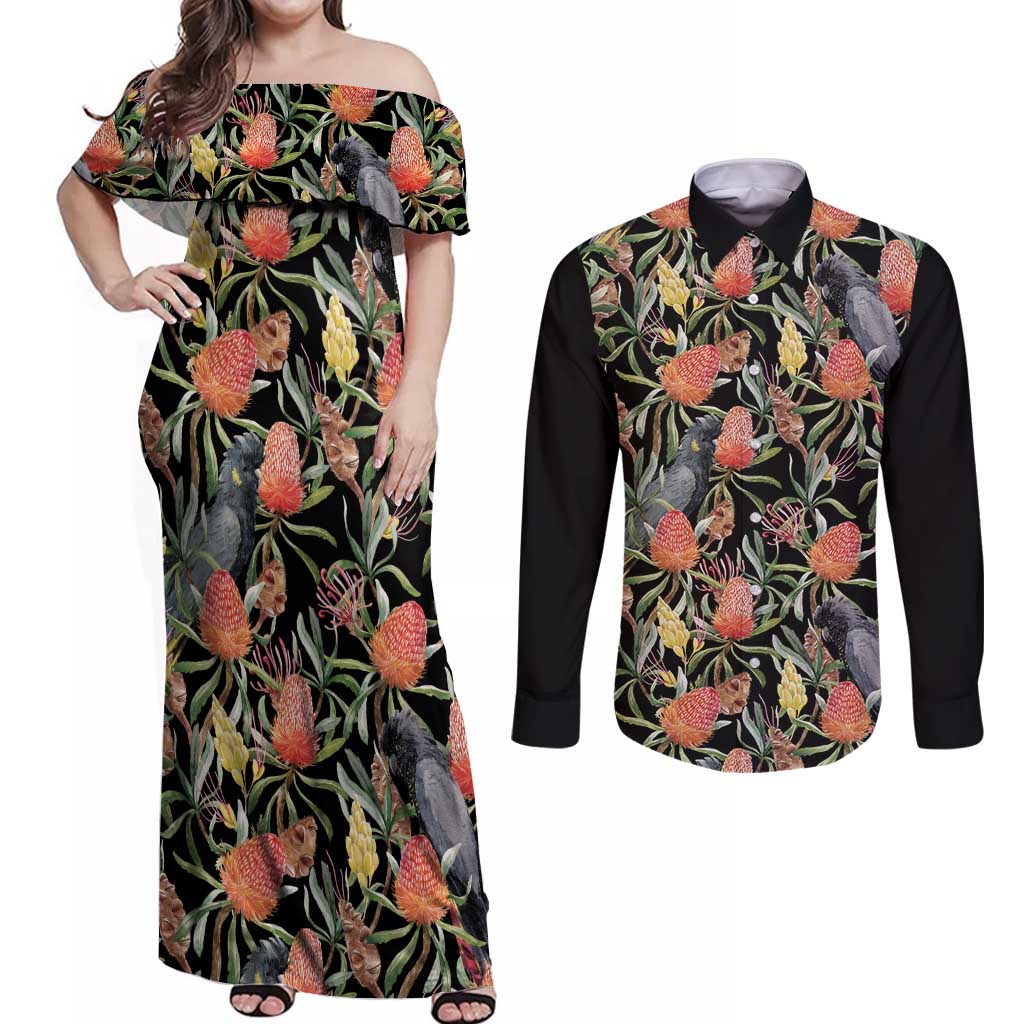 Australia Black Cockatoo And Banksia Flowers Couples Matching Off Shoulder Maxi Dress and Long Sleeve Button Shirt