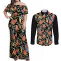 Australia Black Cockatoo And Banksia Flowers Couples Matching Off Shoulder Maxi Dress and Long Sleeve Button Shirt