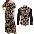 Australia Black Cockatoo And Banksia Flowers Couples Matching Off Shoulder Maxi Dress and Long Sleeve Button Shirt