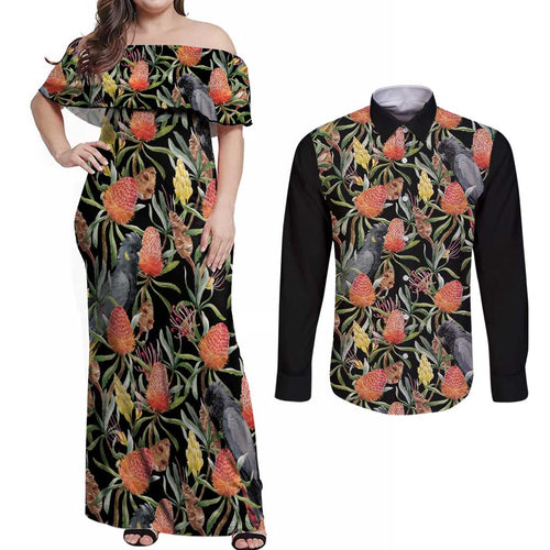 Australia Black Cockatoo And Banksia Flowers Couples Matching Off Shoulder Maxi Dress and Long Sleeve Button Shirt