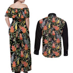 Australia Black Cockatoo And Banksia Flowers Couples Matching Off Shoulder Maxi Dress and Long Sleeve Button Shirt