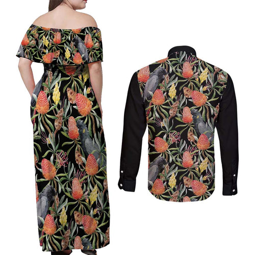 Australia Black Cockatoo And Banksia Flowers Couples Matching Off Shoulder Maxi Dress and Long Sleeve Button Shirt