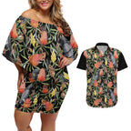 Australia Black Cockatoo And Banksia Flowers Couples Matching Off Shoulder Short Dress and Hawaiian Shirt