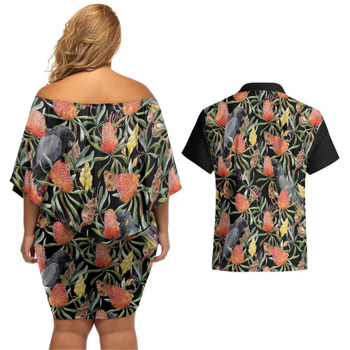 Australia Black Cockatoo And Banksia Flowers Couples Matching Off Shoulder Short Dress and Hawaiian Shirt