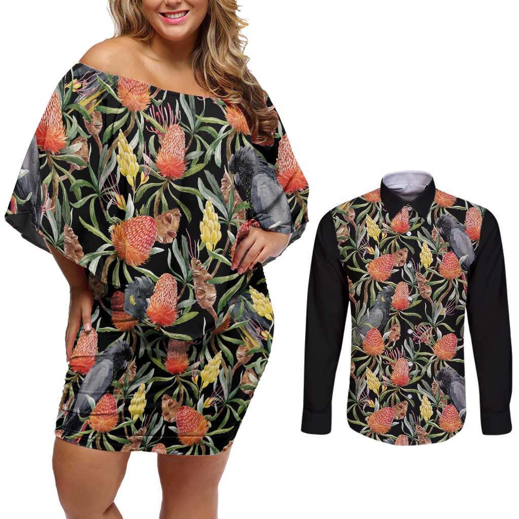 Australia Black Cockatoo And Banksia Flowers Couples Matching Off Shoulder Short Dress and Long Sleeve Button Shirt