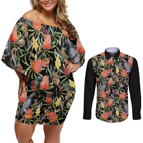 Australia Black Cockatoo And Banksia Flowers Couples Matching Off Shoulder Short Dress and Long Sleeve Button Shirt