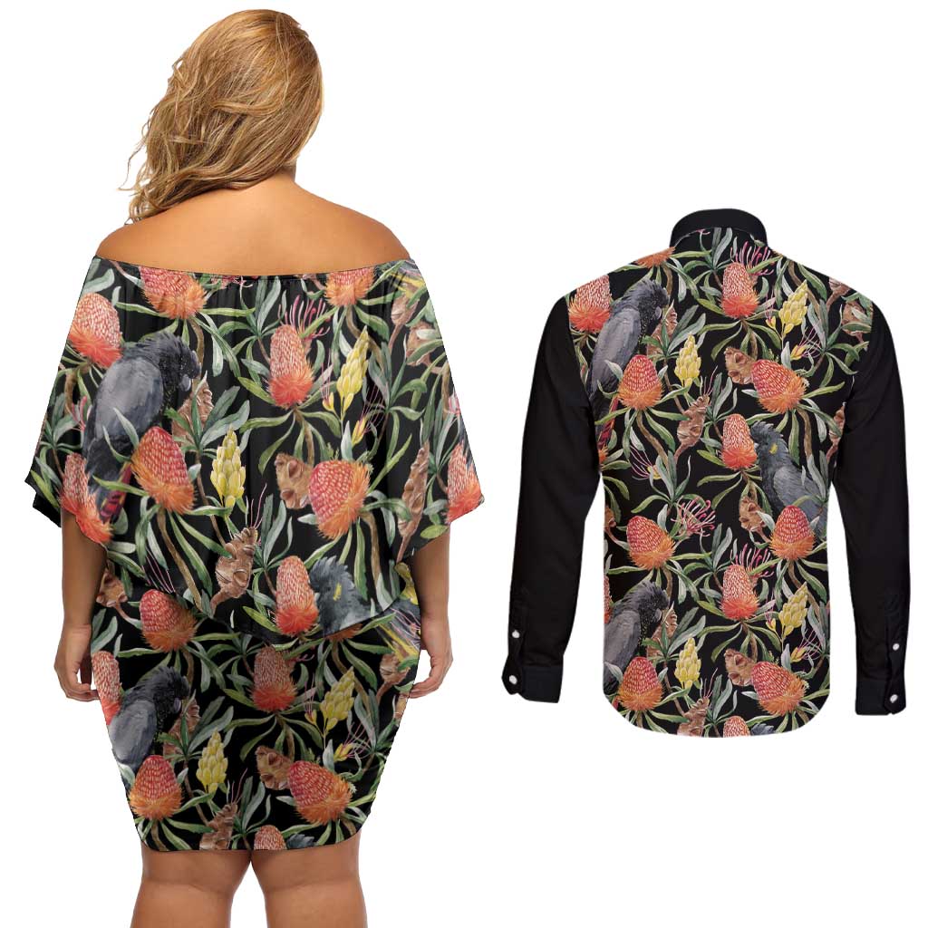 Australia Black Cockatoo And Banksia Flowers Couples Matching Off Shoulder Short Dress and Long Sleeve Button Shirt