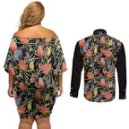Australia Black Cockatoo And Banksia Flowers Couples Matching Off Shoulder Short Dress and Long Sleeve Button Shirt
